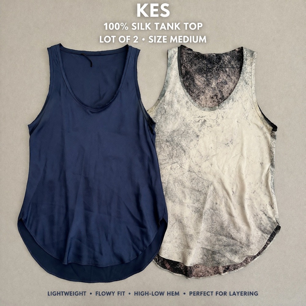 KES Women Med 100% Silk Tank Lot 2 Sleeveless Blouse Navy Abstract Minimalist